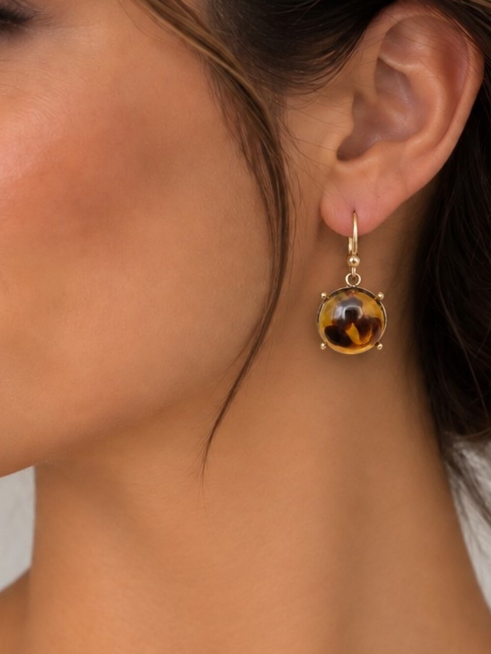 💎 Frou Frou Amber Brown Glass Look Cabochon Gold Tone Dangle Earrings